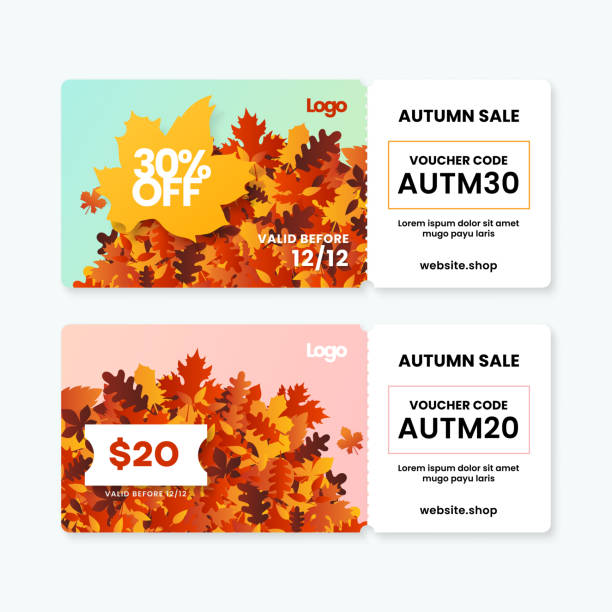 Autumn sale fall season gift voucher card template design collecton with coupon code on dry leaves background vector illustration Autumn sale fall season gift voucher card template design collection with coupon code on dry leaves background vector illustration free thanksgiving pic stock illustrations
