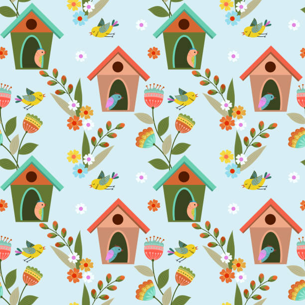 ilustraciones, imágenes clip art, dibujos animados e iconos de stock de patrón de aves y pajareras de colores. - birdhouse animal nest bird tree