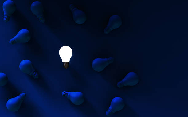 Light bulbs on dark blue background. Idea concept. 3D Illustration.