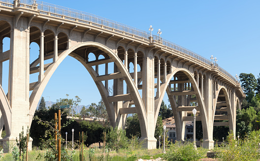 Panoramic image of the landmark Colorado Street Bridge in Pasadena. Pasadena is located in Los Angeles County. The bride is one of the most recognizable landmarks in Pasadena. Fencing has now been installed to help prevent suicide attempts.