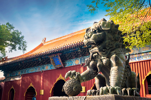 Vista del gran león y el templo de Lama (Yonghegong), Beijing, China photo