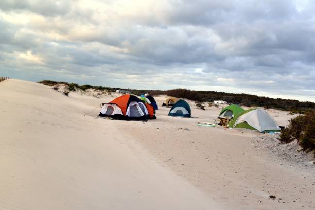 Assateague Island Tent Campground - III It’s October and the tourist still come to pitch their tents along the beaches of the assateague island national seashore and the families bring their children and pets to romp on the beach and collect seashells and other memories. eastern shore sand sand dune beach stock pictures, royalty-free photos & images