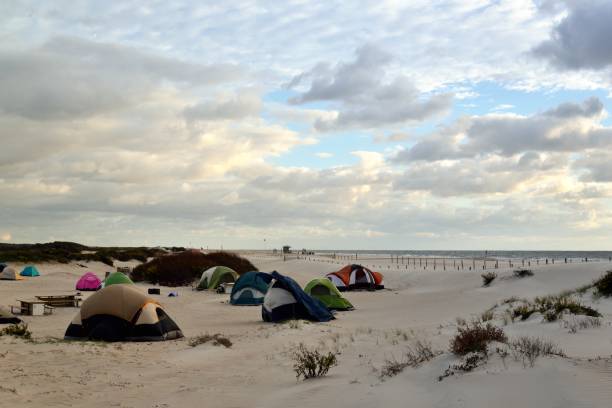 Assateague Island Tent Campground - IV It’s October and the tourist still come to pitch their tents along the beaches of the assateague island national seashore and the families bring their children and pets to romp on the beach and collect seashells and other memories. eastern shore sand sand dune beach stock pictures, royalty-free photos & images