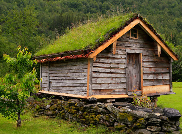 Norwegian hut with green grass on the roof, Norway