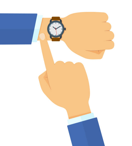 ilustraciones, imágenes clip art, dibujos animados e iconos de stock de empresario en traje comprobar el tiempo en su reloj clásico de la ilustración vectorial plana - reloj de pulsera