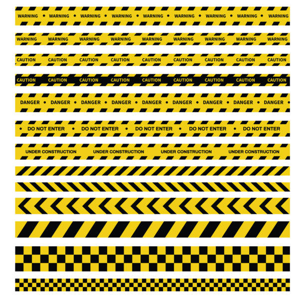 przestroga i niebezpieczeństwo taśmy. taśma ostrzegawna. czarna i żółta linia w paski. ilustracja wektorowa - safety yellow road striped stock illustrations