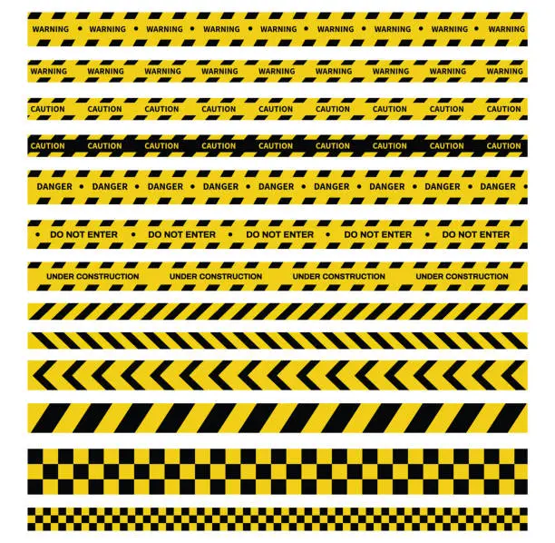 Vector illustration of Caution and danger tapes. Warning tape. Black and yellow line striped. Vector illustration