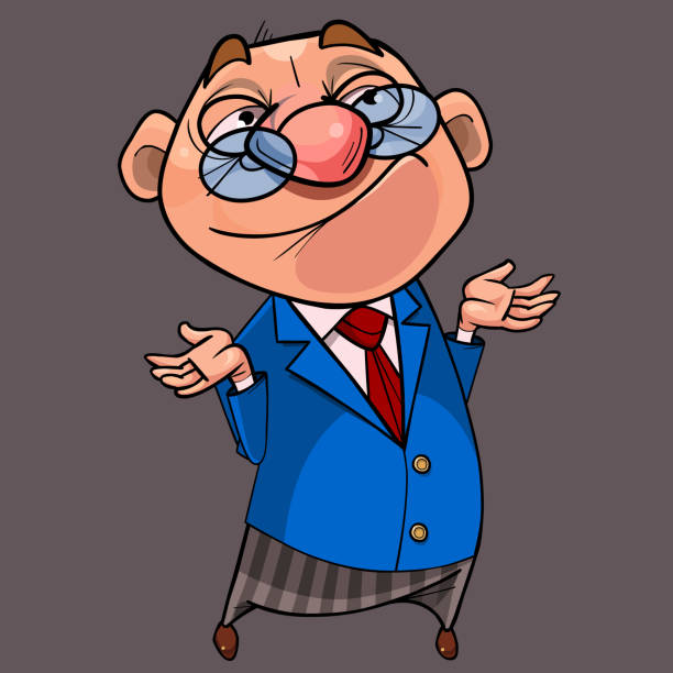 illustrations, cliparts, dessins animés et icônes de homme de dessin animé dans le procès avec la cravate et les lunettes sourit et hausse les épaules - smirking senior men senior adult businessman