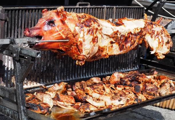 ganzes großes schwein auf rotierenden spießgrill, mit den scheiben von fleisch flach während des kochens geschnitten - pig roasted spit roasted domestic pig stock-fotos und bilder