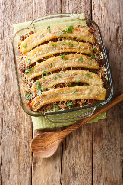istock Sweet Plantain Lasagna close-up in a baking dish. Vertical top view 1179600667