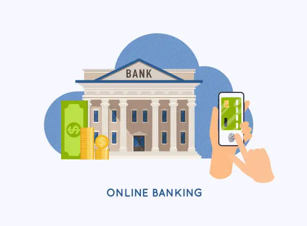 Vector illustration of Mobile payment and mobile banking concept. Hands holding phones with virtual credit card. Internet banking, online purchasing and transaction, electronic funds transfers.