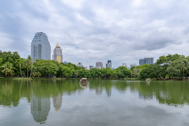 istock Bangkok business district cityscape from a park with blue sky 1179603004