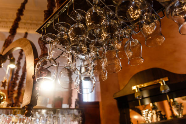 istock clean glasses hang behind the bar 1179608216