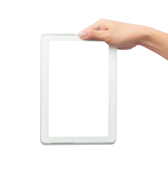 Male hand holding the white tablet pc computer with blank screen isolated on white background with clipping path