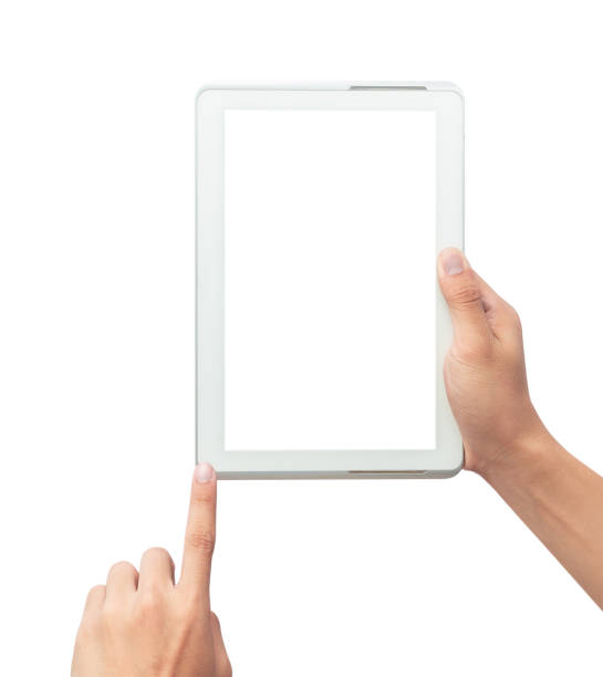 istock Male hand holding the white tablet pc computer and touching with blank screen isolated on white background with clipping path 1179609215