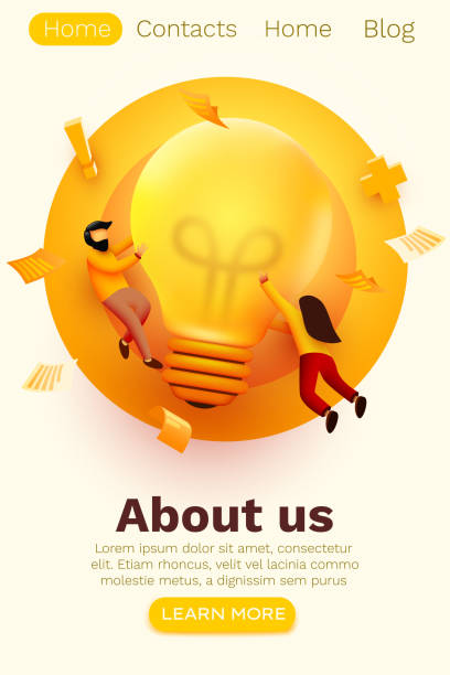 큰 전구 아이디어를 가진 3d 비즈니스 사람들. 혁신, 브레인 스토밍, 창의력 개념. 웹 사이트 방문 페이지. - light bulb electricity inspiration orange stock illustrations