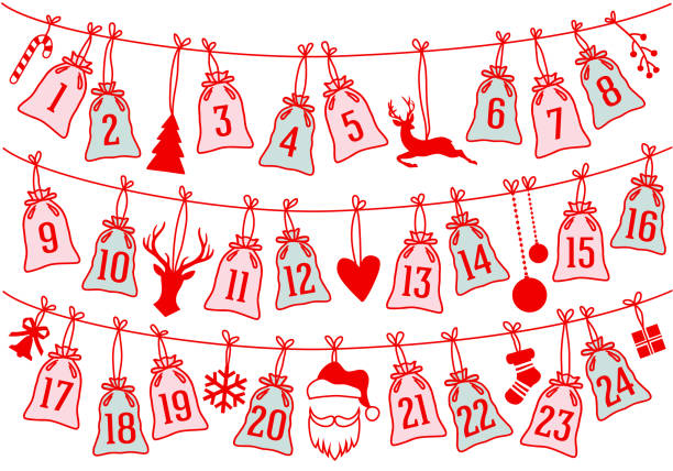 календарь адвента с рождественскими сумками, векторный набор - advent calendar christmas number red stock illustrations