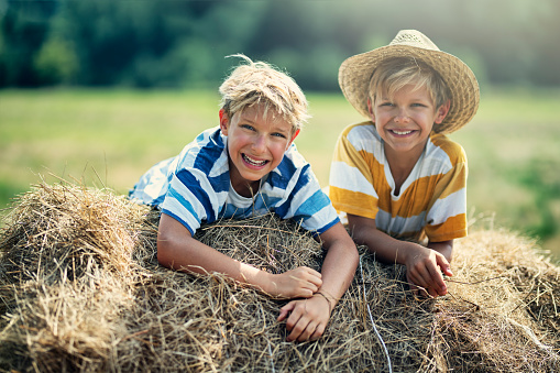 Little boys sitting on straw bale and playing.\nThe boys are laughing at the camera.\nNikon D850