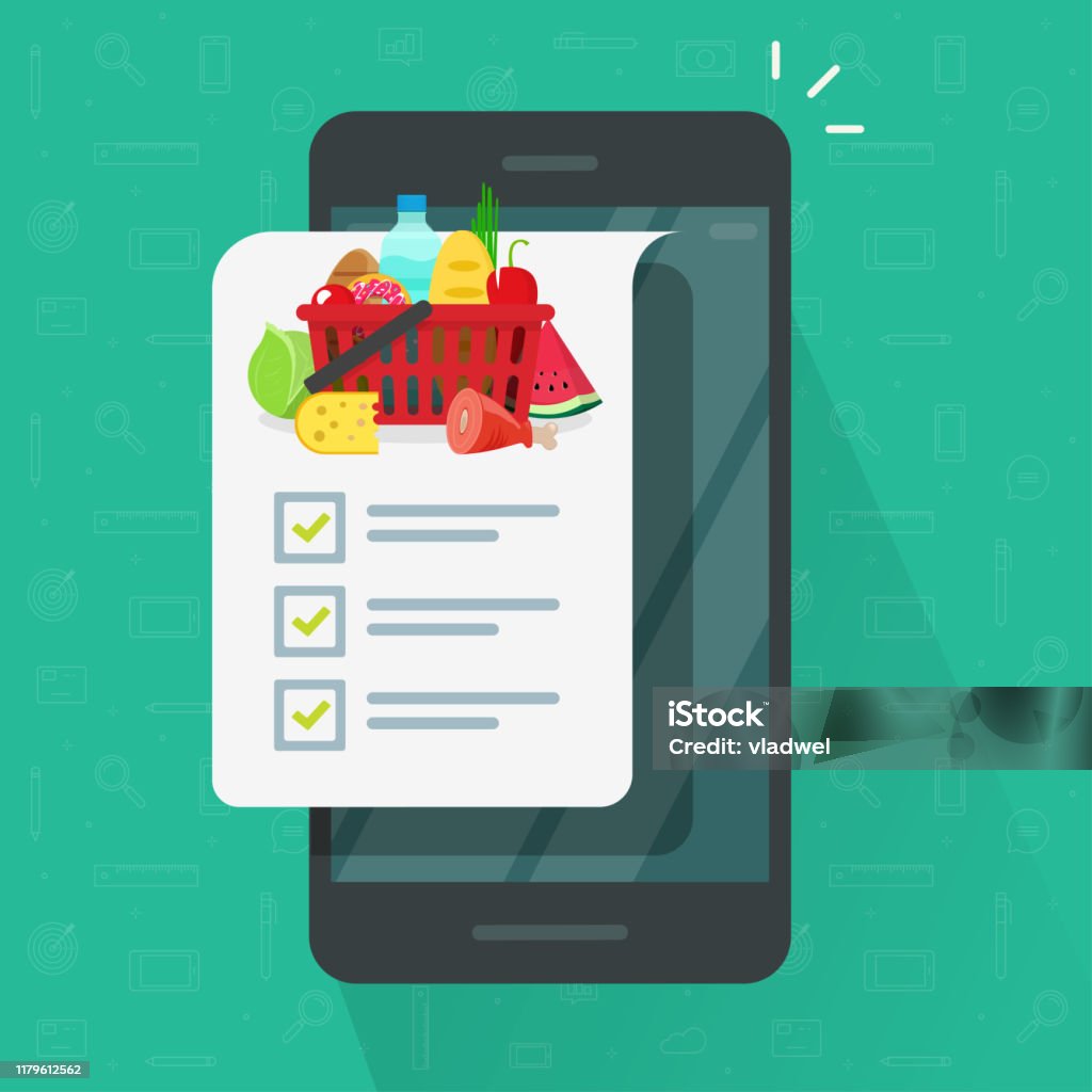 Grocery Shopping List App On Cellphone Or Smartphone Vector