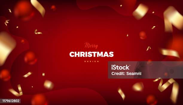 Merry Christmas Red Background With Golden Decoration Stock Illustration - Download Image Now
