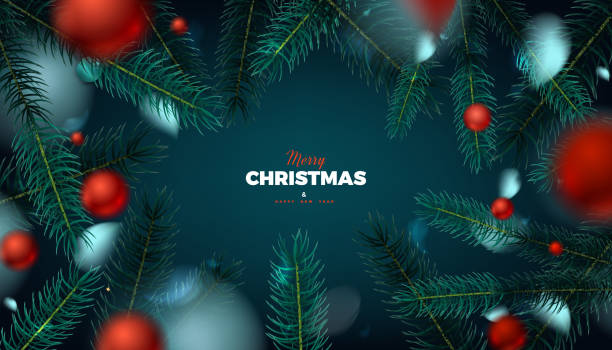 Merry Christmas natural background with fir tree green leaves Merry Christmas red background, abstract festive banner with red balls and fir tree forest 3d vector design holiday email templates stock illustrations