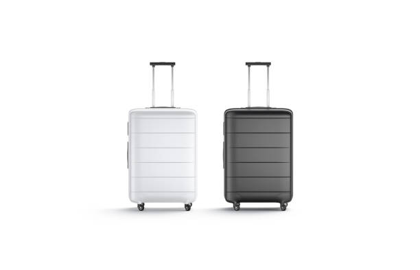 istock Blank black and white suitcase with handle mockup stand isolated 1179614289