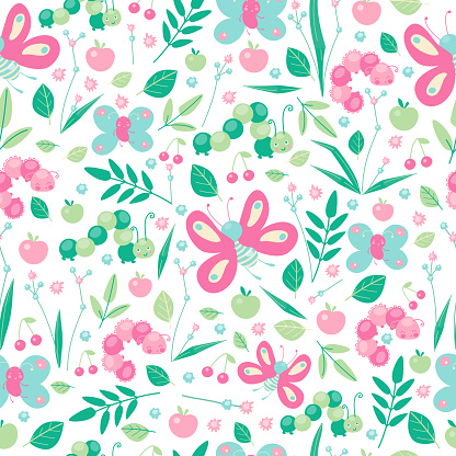 Butterfly and leaves seamless pattern in pastel colors for kids design. Cartoon cute smiling animals repeat background for wallpaper and textile. Summer décor. Vector illustration, cartoon flat style.