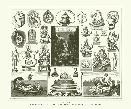 Hindu and Buddhist Religious Symbols and Religious Implements Engraving Antique Illustration, Published 1851. Source: Original edition from my own archives. Copyright has expired on this artwork. Digitally restored.