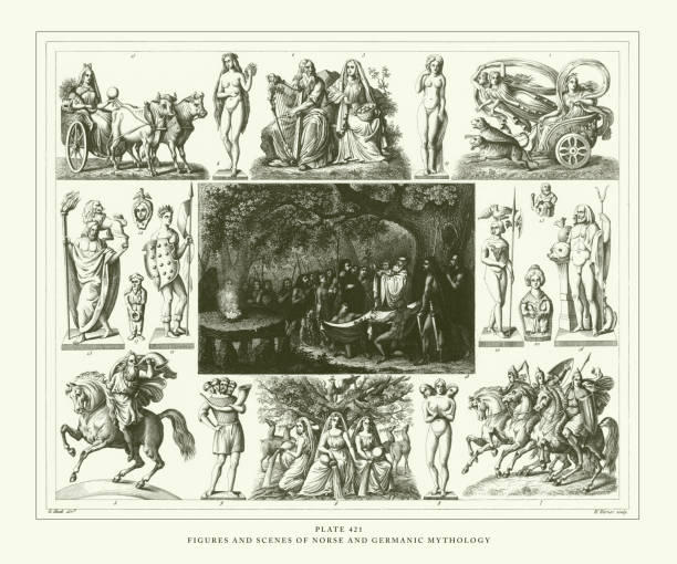 Engraved Antique, Figures and Scenes of Norse and Germanic Mythology, Engraving Antique Illustration, Published 1851 Figures and Scenes of Norse and Germanic Mythology, Engraving Antique Illustration, Published 1851. Source: Original edition from my own archives. Copyright has expired on this artwork. Digitally restored. brahma illustrations stock illustrations