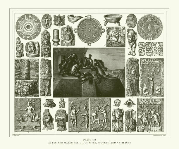ilustraciones, imágenes clip art, dibujos animados e iconos de stock de ritos religiosos antiguos, aztecas y mayas grabados, figuras y artefactos, ilustración antigua de grabado, publicado en 1851 - guerrero azteca