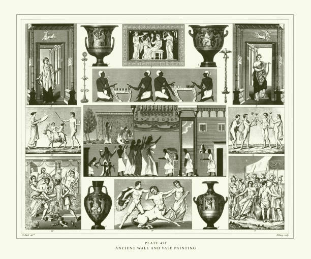 illustrazioni stock, clip art, cartoni animati e icone di tendenza di incisa illustrazione antica, antica parete e vaso, pubblicata nel 1851 - greek mythology goddess mosaic greek culture