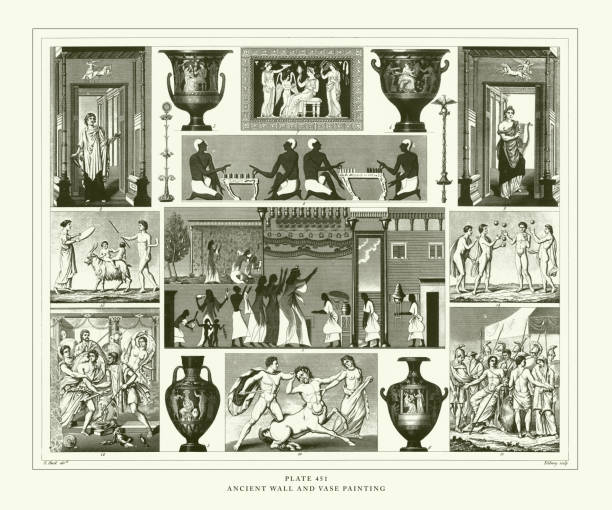 grawerowany antyczny, starożytny wall i wazon malarstwo grawerowanie antyczny ilustracja, opublikowany 1851 - mosaic ancient greek culture greek mythology stock illustrations