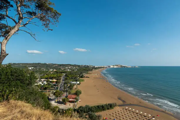 Panorama of Vieste and Pizzomunno beach view in a summer day, Gargano peninsula, Apulia, southern Italy, Europe.