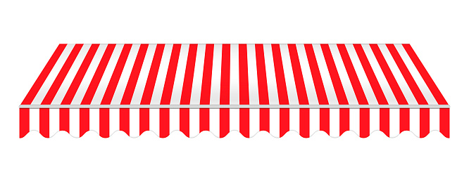 Striped red awning isolated on white background, realistic vector mockup. Canopy for restaurant, cafe, hotel or store. Tent roof, template for design.