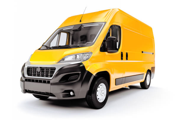 istock 3d render of yellow van vehicle on white background 1179621728