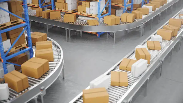 Photo of Packages delivery, parcels transportation system concept, cardboard boxes on conveyor belt in warehouse. Warehouse with cardboard boxes inside on pallets racks. Huge modern warehouse, 3D Illustration