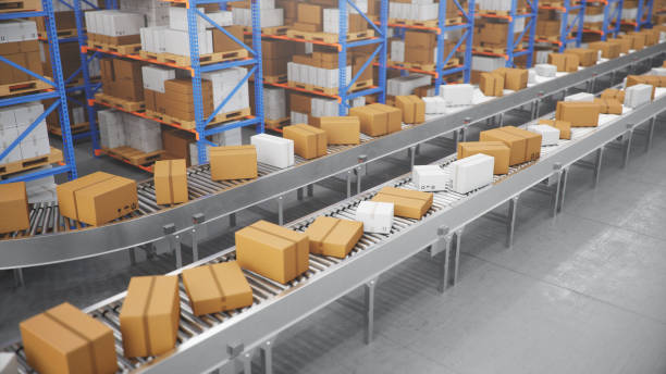 istock Packages delivery, parcels transportation system concept, cardboard boxes on conveyor belt in warehouse. Warehouse with cardboard boxes inside on pallets racks. Huge modern warehouse, 3D Illustration 1179621861