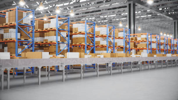 istock Packages delivery, parcels transportation system concept, cardboard boxes on conveyor belt in warehouse. Warehouse with cardboard boxes inside on pallets racks. Huge modern warehouse, 3D Illustration 1179621896