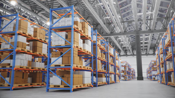 istock Warehouse with cardboard boxes inside on pallets racks, logistic center. Huge, large modern warehouse. Warehouse filled with cardboard boxes on shelves, boxes stand on pallets, 3D Illustration 1179621899