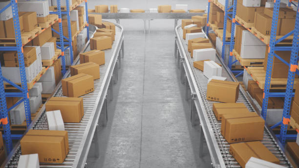 istock Packages delivery, parcels transportation system concept, cardboard boxes on conveyor belt in warehouse. Warehouse with cardboard boxes inside on pallets racks. Huge modern warehouse, 3D Illustration 1179621908