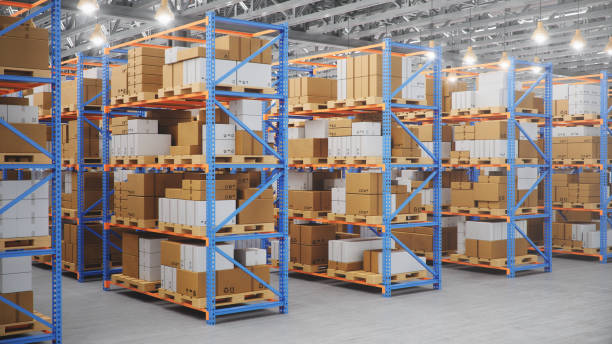 istock Warehouse with cardboard boxes inside on pallets racks, logistic center. Huge, large modern warehouse. Warehouse filled with cardboard boxes on shelves, boxes stand on pallets, 3D Illustration 1179621918