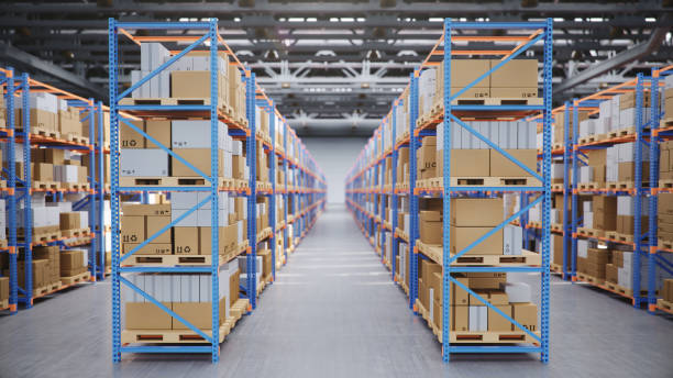 istock Warehouse with cardboard boxes inside on pallets racks, logistic center. Huge, large modern warehouse. Warehouse filled with cardboard boxes on shelves, boxes stand on pallets, 3D Illustration 1179622492
