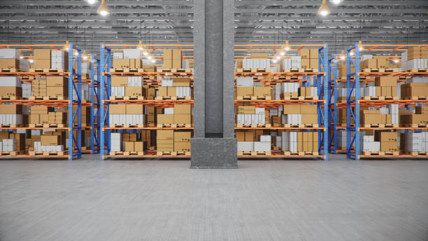istock Warehouse with cardboard boxes inside on pallets racks, logistic center. Huge, large modern warehouse. Warehouse filled with cardboard boxes on shelves, boxes stand on pallets, 3D Illustration 1179622516