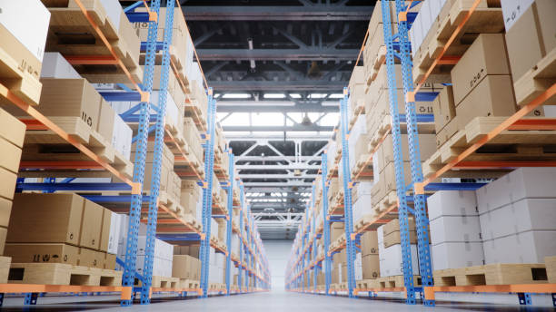 istock Warehouse with cardboard boxes inside on pallets racks, logistic center. Huge, large modern warehouse. Warehouse filled with cardboard boxes on shelves, boxes stand on pallets, 3D Illustration 1179622522