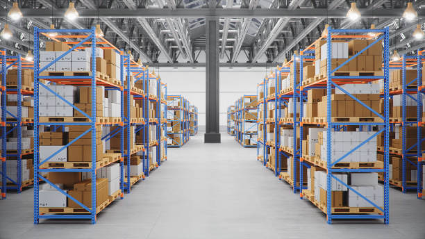 istock Warehouse with cardboard boxes inside on pallets racks, logistic center. Huge, large modern warehouse. Warehouse filled with cardboard boxes on shelves, boxes stand on pallets, 3D Illustration 1179622530
