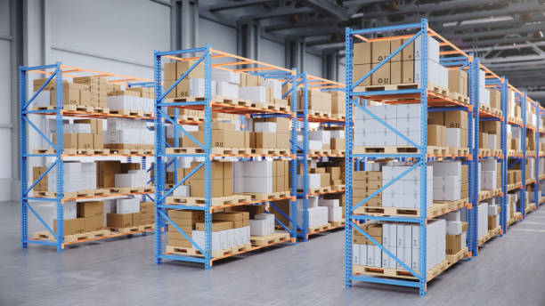 istock Warehouse with cardboard boxes inside on pallets racks, logistic center. Huge, large modern warehouse. Warehouse filled with cardboard boxes on shelves, boxes stand on pallets, 3D Illustration 1179622539