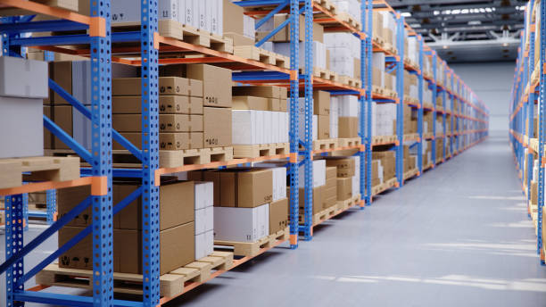 istock Warehouse with cardboard boxes inside on pallets racks, logistic center. Huge, large modern warehouse. Warehouse filled with cardboard boxes on shelves, boxes stand on pallets, 3D Illustration 1179622540