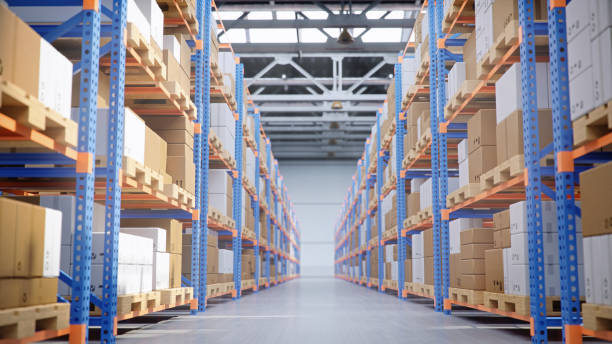 istock Warehouse with cardboard boxes inside on pallets racks, logistic center. Huge, large modern warehouse. Warehouse filled with cardboard boxes on shelves, boxes stand on pallets, 3D Illustration 1179622561
