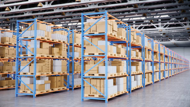 istock Warehouse with cardboard boxes inside on pallets racks, logistic center. Huge, large modern warehouse. Warehouse filled with cardboard boxes on shelves, boxes stand on pallets, 3D Illustration 1179622569