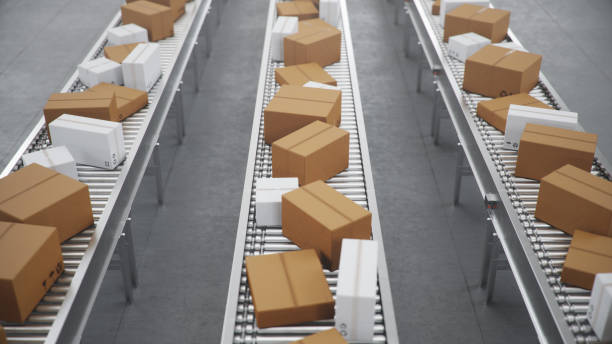 istock Packages delivery, packaging service and parcels transportation system concept, cardboard boxes on a conveyor belt in a warehouse. Three conveyor belts, 3d illustration 1179622571
